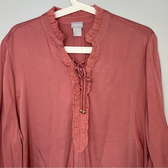 CHICO'S XL Ruffle Tie Neck Pullover Satin Blouse Burnished Rose Work Romantic - Picture 2 of 14